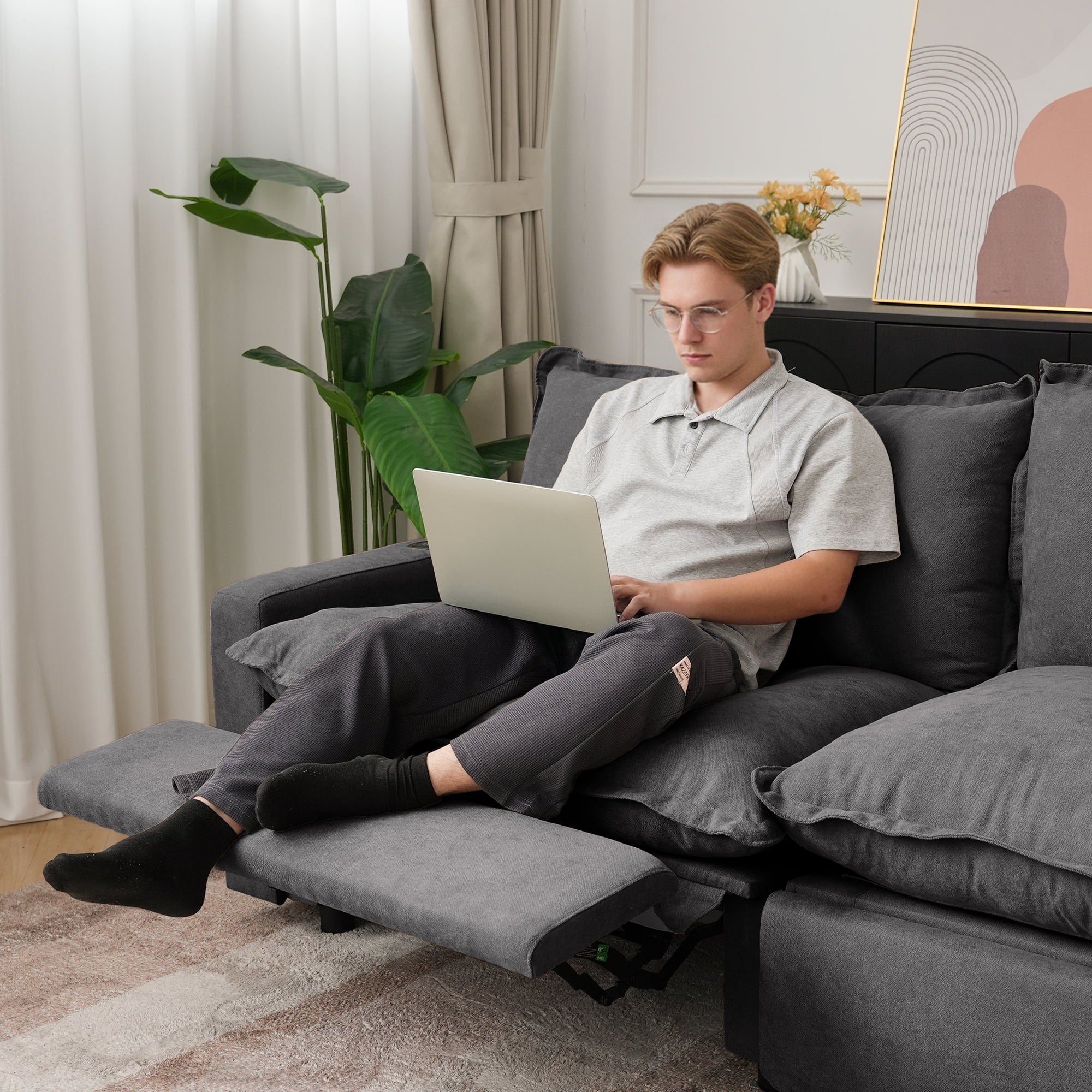 Magic Home Power Recliner Sofa Couch Set, 4 Seat Electric Recliner with Heating, USB Ports for Families and Friends, Modern Electric Recliner Sofa for Living Room Home Theater, Grey