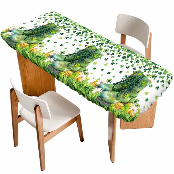 St. Patrick's Day Table Cloths for 8 Foot Rectangle Tables, Farmhouse Green Boots Daisy Clovers Patio Waterproof Elastic Fitted Tablecloths, Washable Rectangular Table Cover for Camping