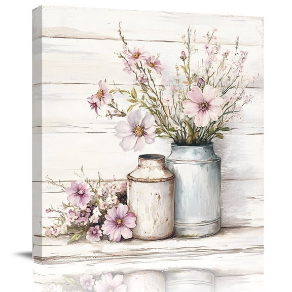 Pink Camellias Canvas Artwork Painting Art, Retro Farm Flowers in Bottle Square Framed Wall Decorations Prints Picture for Bedroom Kitchen Living Room, 16x16 in