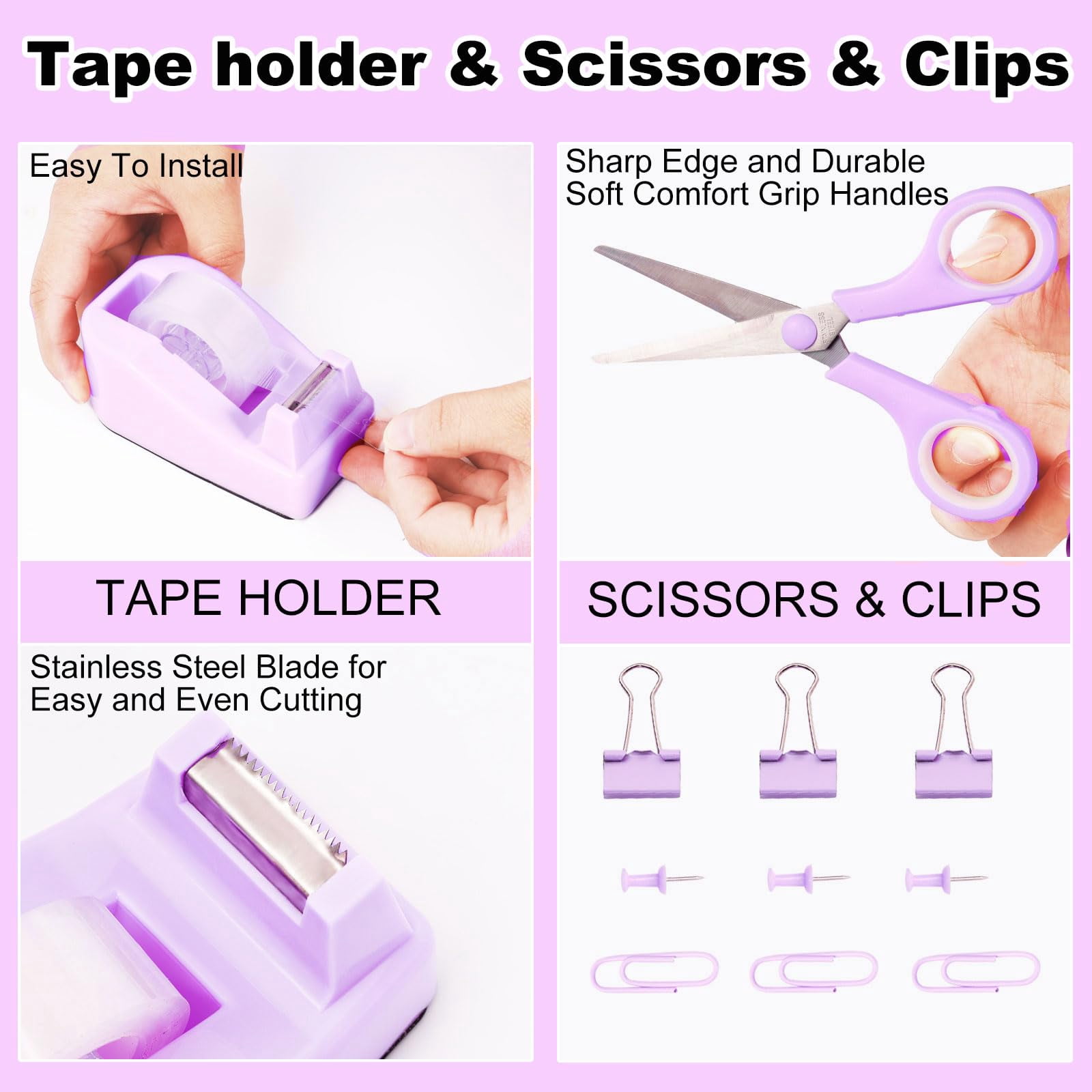 Purple Desk Organizers And Accessories Set With 360-degree Rotating Pen Holder  Tape Dispenser Stapler Staple Remover 1000 Staples Clips Ruler Scissor