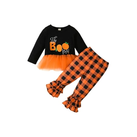 

Gwiyeopda Toddler Baby Girl Halloween Clothes Set Long Sleeve Pumpkin Letter Print Tulle Hem Pullover Flare Pants Outfit