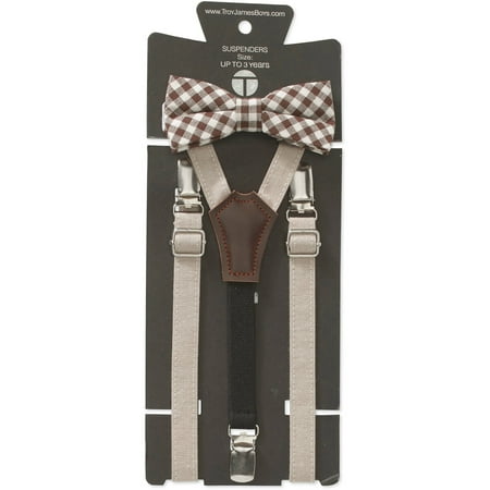 Check Necktie - Genevieve Goings Collection Boys Tan Check Bow Tie and Suspenders 2 pc Set