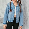 thumbnail image 4 of Mercatoo Girls Ripped Jean Jacket Front Pocket Button Long Sleeve Collared Jean Coat Retro Classic Casual School Clothes, 4 of 6