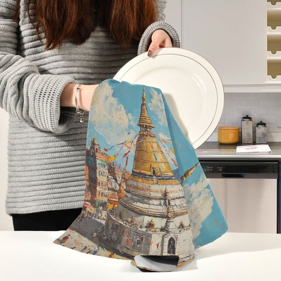 BZSMCE Kitchen Towels Creative Swayambhunath Tower Pattern Durable Kitchen Towel