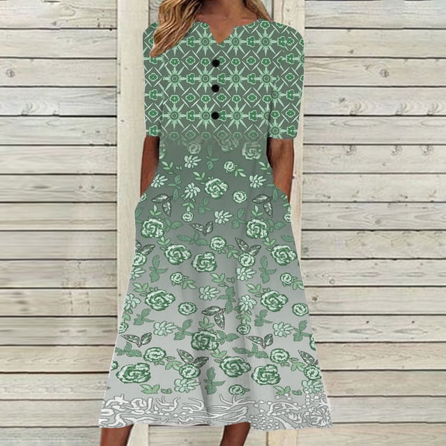 Jusqu'à 65 % de Réduction! Robes d'Été Mode pour Femmes 2024 Grande Taille Décontractée Manches Courtes Col en V Robe Imprimée Robe Ample
