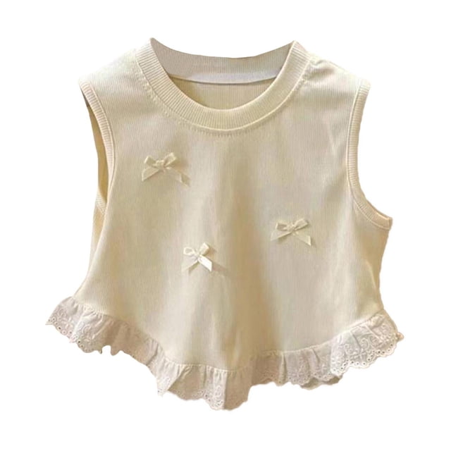 Toddler Girl Shirts Spring Summer Bow Short Vest Style Lace Patchwork Sleeveless Top Trend Girls' Tops, Tees White