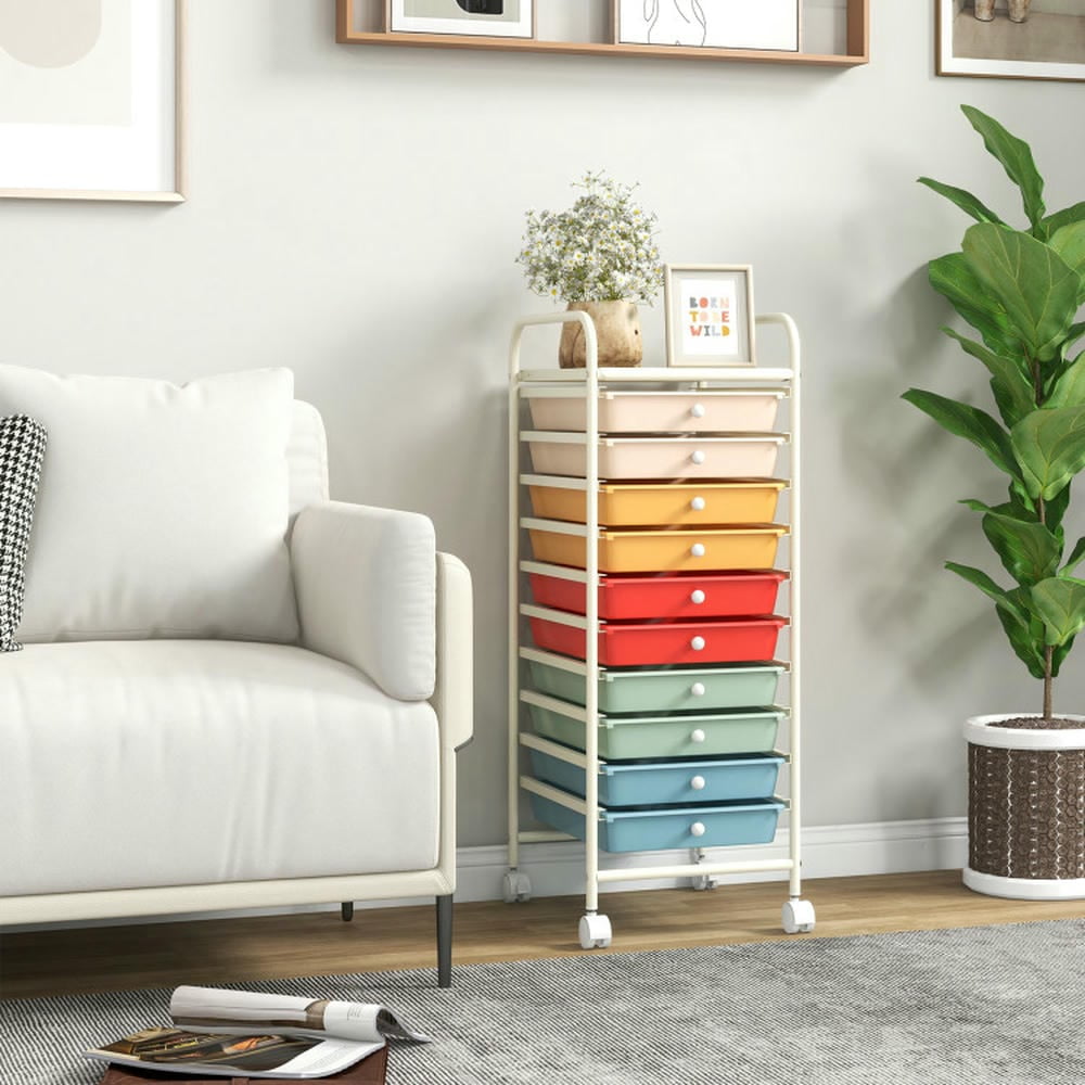 Spaco 10 Drawer Rolling Storage Cart Organizer with 4 Universal Casters-Macaron Multicolor, Craft Organizers and Storage, Multipurpose Organizer Cart for Home, Office, School