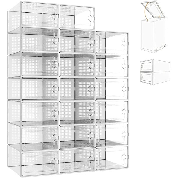 Paquete de 15 Cajas de Almacenamiento de Zapatos - Cajas de Zapatos de Plástico Transparente Apilable, Contenedores Plegables de Almacenamiento para Zapato Deportivos, para Todo Tipo de Calzado