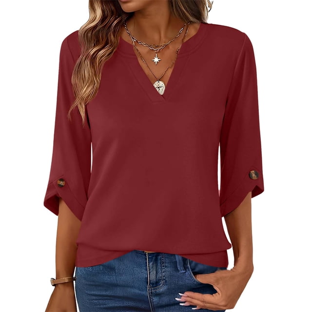 Mujeres 3/4 Manga de Verano Tops V Cuello Botonado Color Sólido Blusa, Camisetas Casuales de las Mujeres Suelto Ajuste Suave Respirable Primavera de Uso Diario