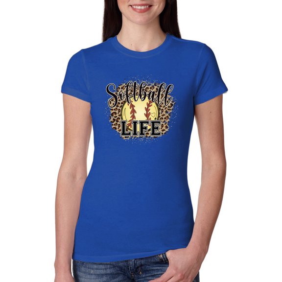 Softball Life Animal Print Girl Sports Womens Slim Fit Junior Tee, Royal, Large