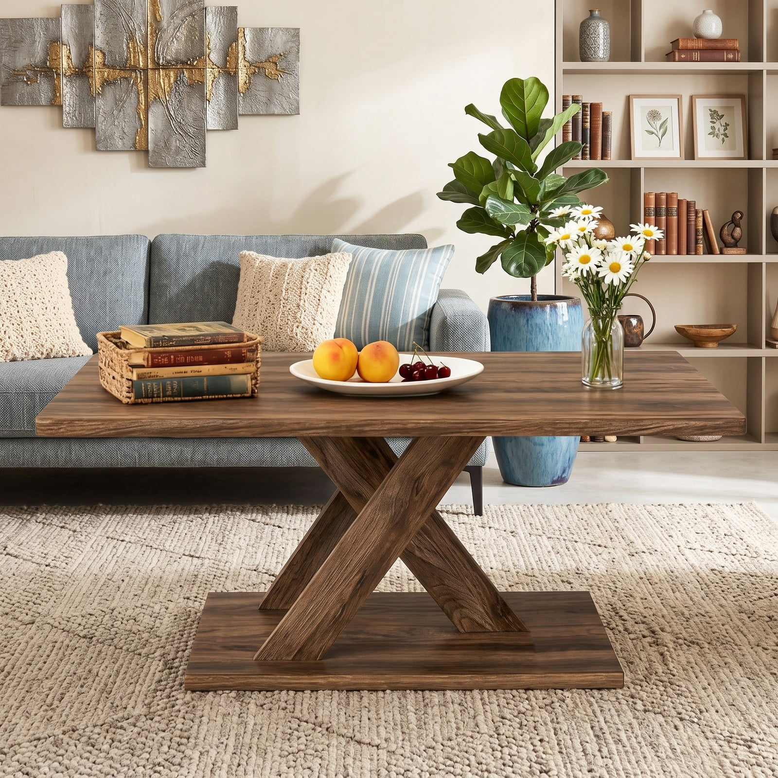 Furnibear 37.5 Inch Rectangular Coffee Table, Modern Rubber Wood Center Table with Wide Stable Base and Anti-Slip Foot Pads for Living Room Bedroom Office, Rustic Brown