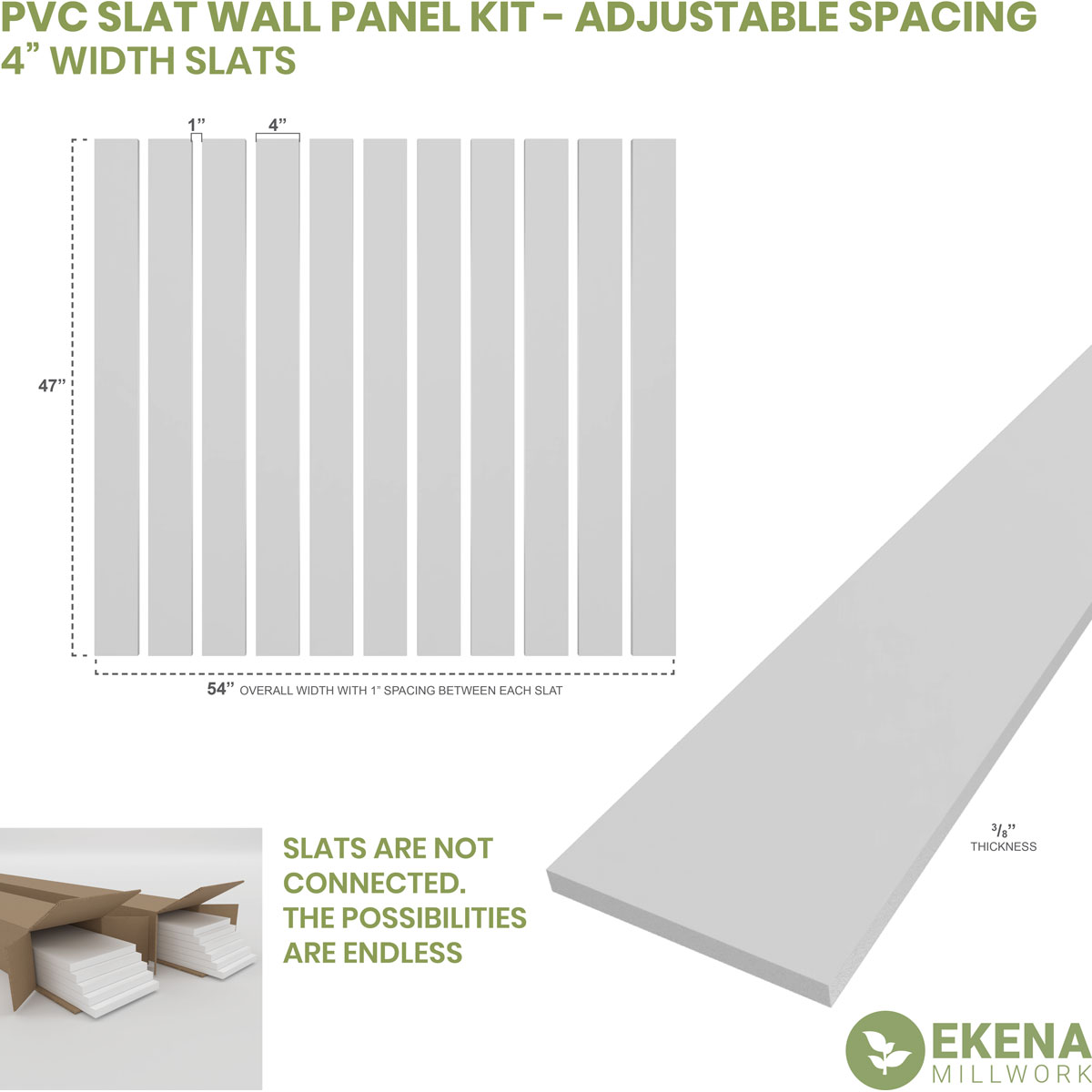 Ekena Millwork 47"H x 3/8"T Adjustable PVC Slat Wall Panel Kit with 4"W Slats, Unfinished (contains 11 Slats)