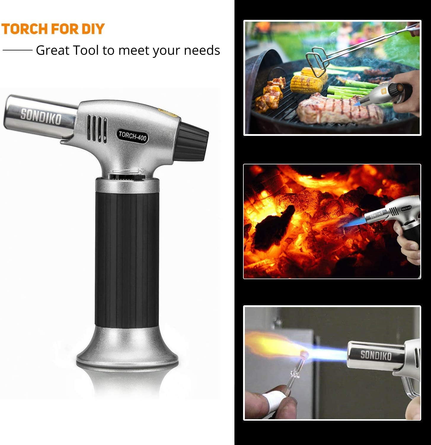 Creme Brulee Baking DIY Soldering Refillable Butane Torch Lighter with Safety Lock&Adjustable Flame Blow Torch for BBQ Sondiko Kitchen Torch Butane Gas not Included 