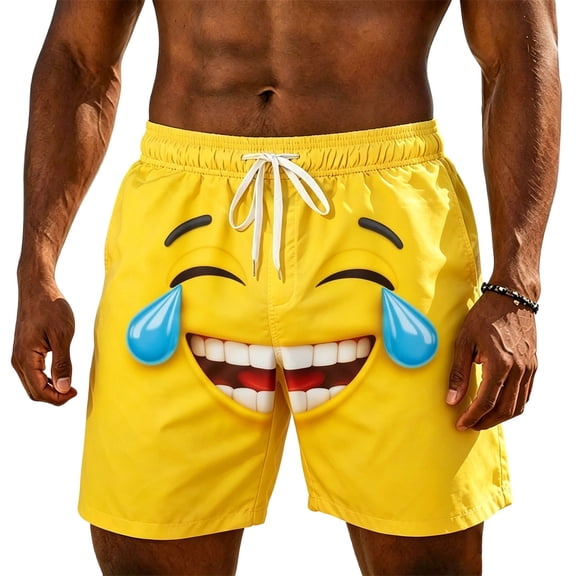 IWRICH Men's Board Shorts Funny Face Printed Elastic Drawstring Waist Swim Trunks Summer Casual Beach Resort Stretch Bathing Suits Yellow XL