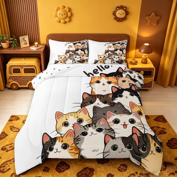 meiyoeat Hello Cat Full Size Comforter Sets,Cute Print Bedding Comforter Set For Girl,Reversible,3pcs,1 Comforter and 2 Pillowcases