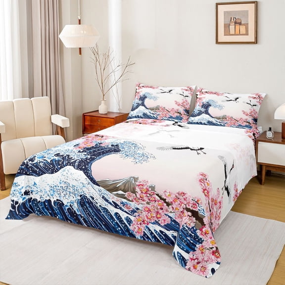 Feelyou Tokyo Ocean Wave Twin Sheet Sets, Pink Cherry Blossoms Bedding, 3pcs