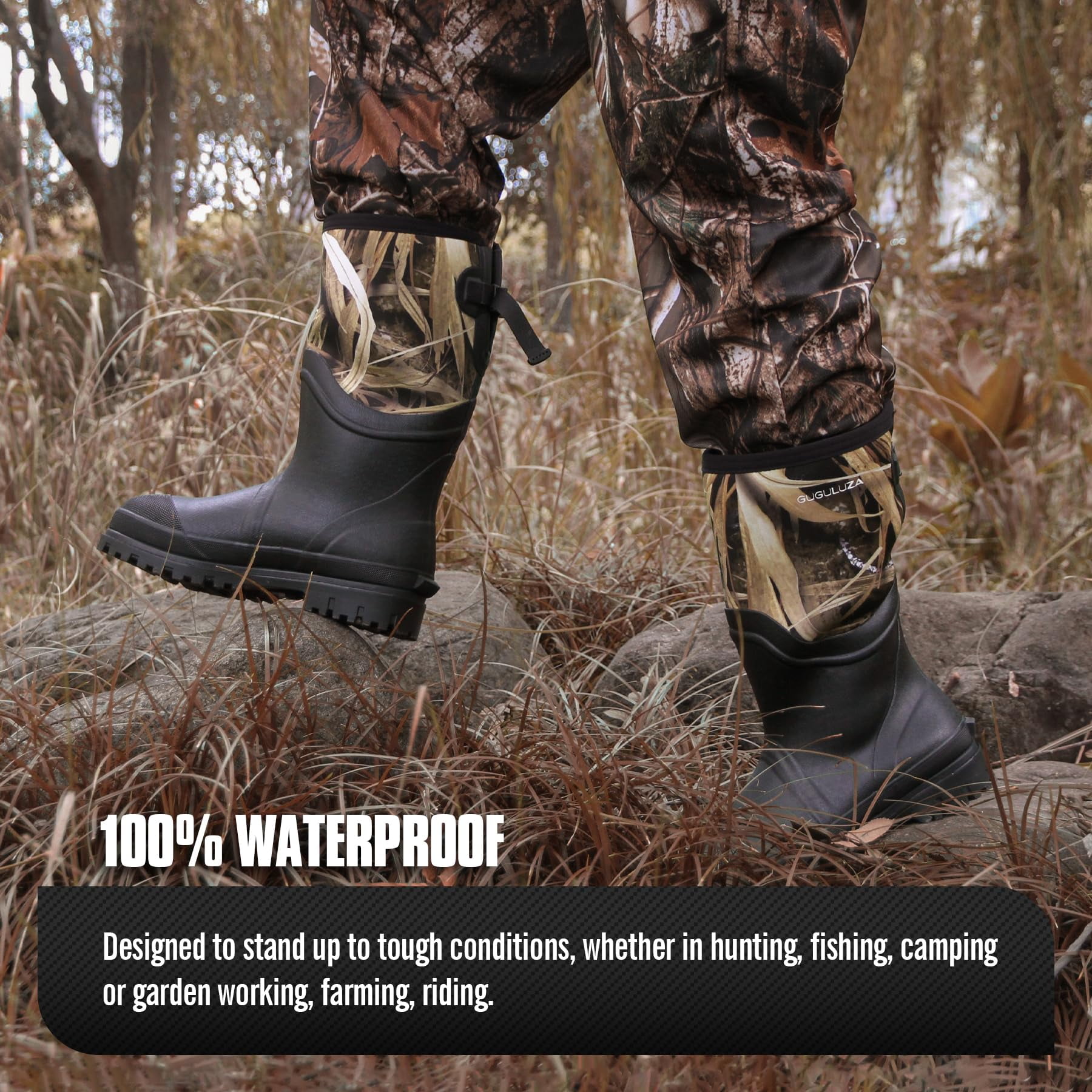 GUGULUZA Hunting Rubber Boots, Waterproof Hunting Boots with 6 mm Neoprene for Men, Insulated Rain Boots for Outdoors, Camo 11 Wide Women/10 Wide Men