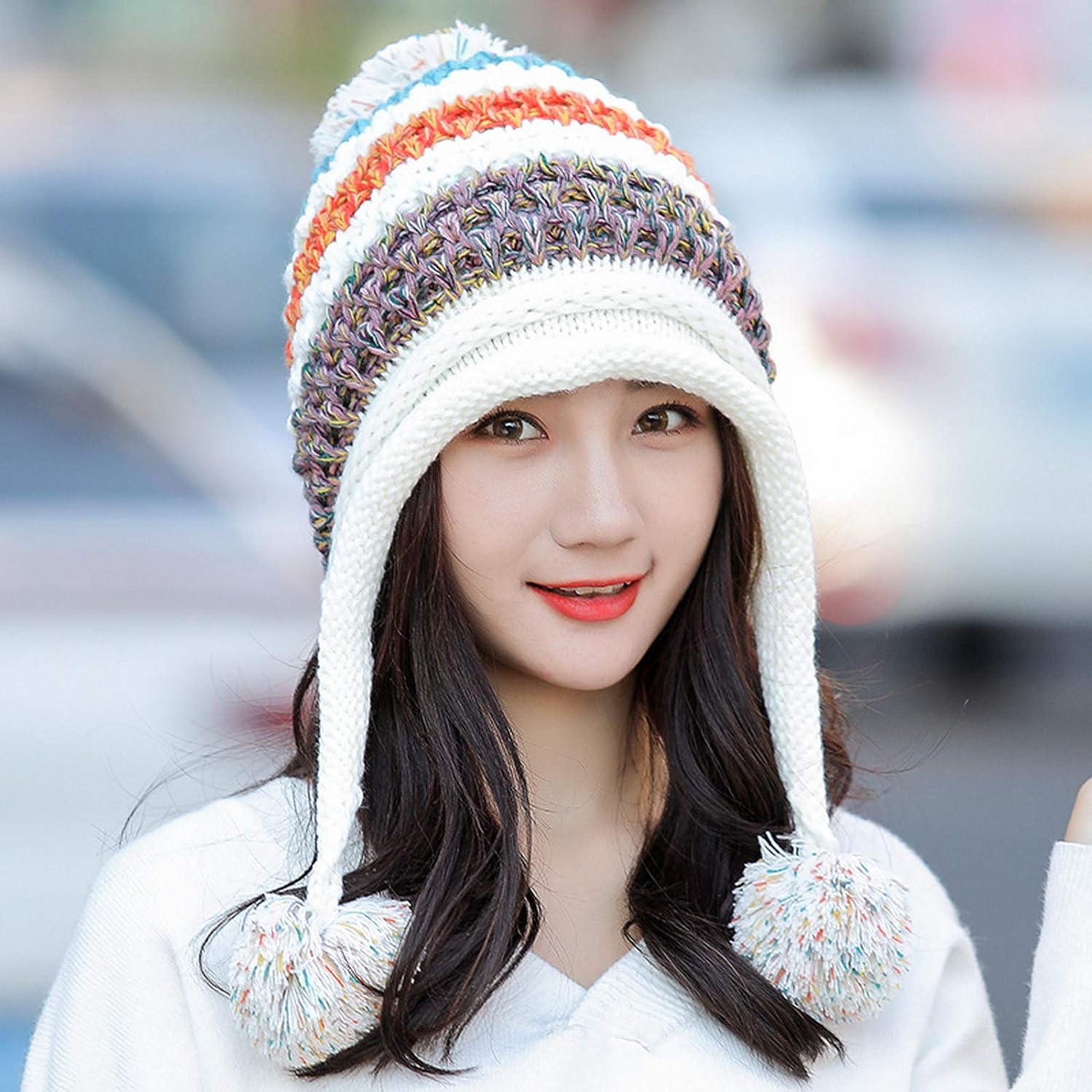 YooGuoGuo Women Fleece Lined Beanie Cap Contrast Color Warm Knitted Ski Hat w/Earflap Pom
