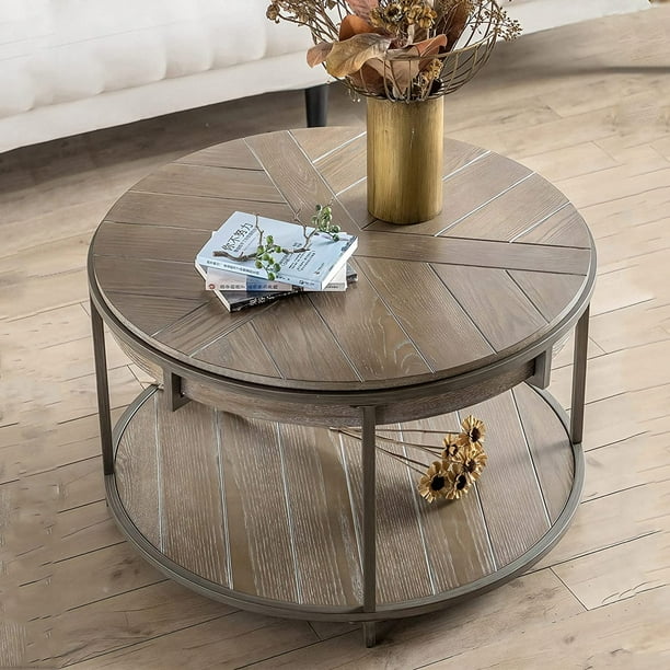 MYAY Round Wood Coffee Table, 2-Tier Natural Circle Coffee Table with Storage Shelf for Living ...