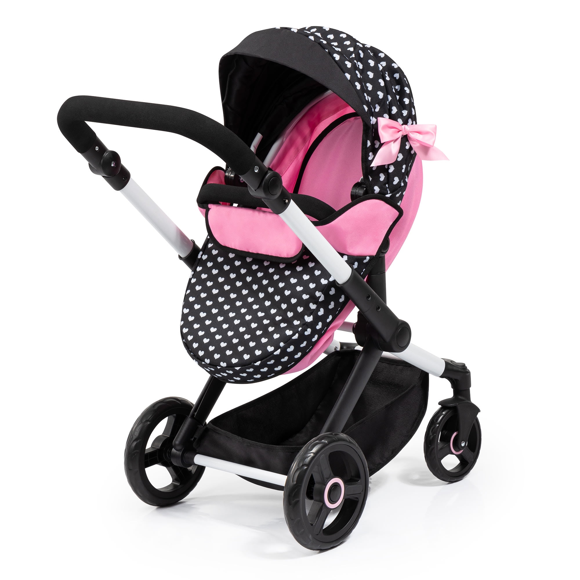 Bayer Design Dolls: Xeo Mega 10 Piece Set - Black, Pink, Hearts - Pram, Bed, Handbag, Feeding & Care Accessories For Dolls Up to 18", Toy, Kids Age 3+