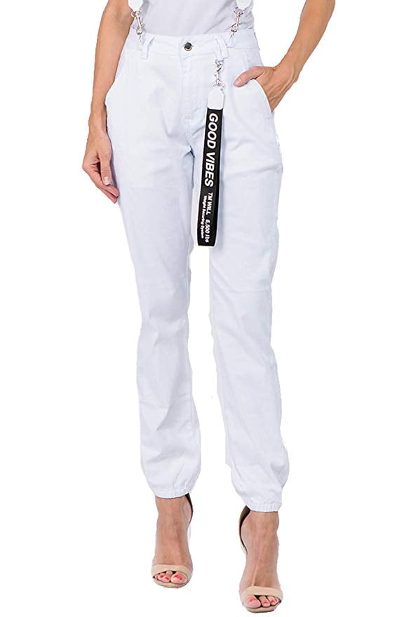 Love Moda Women’s Slim Fit Fashion Jogger with Suspenders (White, 3X 
