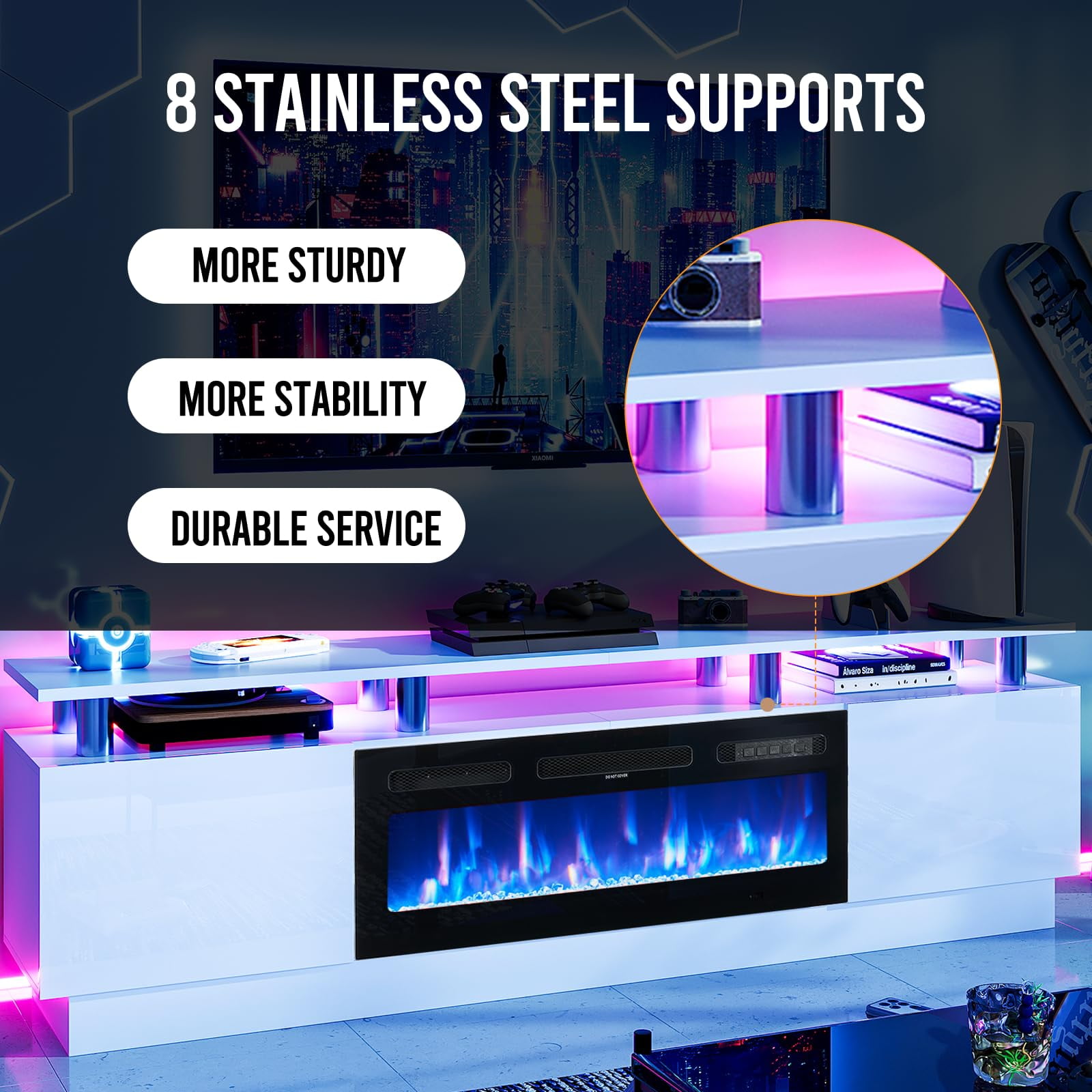 Oneinmil Fireplace TV Stand with 36” Electric Fireplace, Entertainment Center for TVs up to 90", LED Lights Entertainment Center, TV Console, White