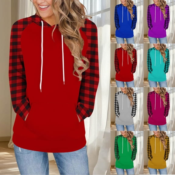 Jsaierl Hoodies for Women Cute Plaid Hooded Sweatshirt Classic Pullover Comfort Long Sleeve Tops Winter Fashion S-2XL