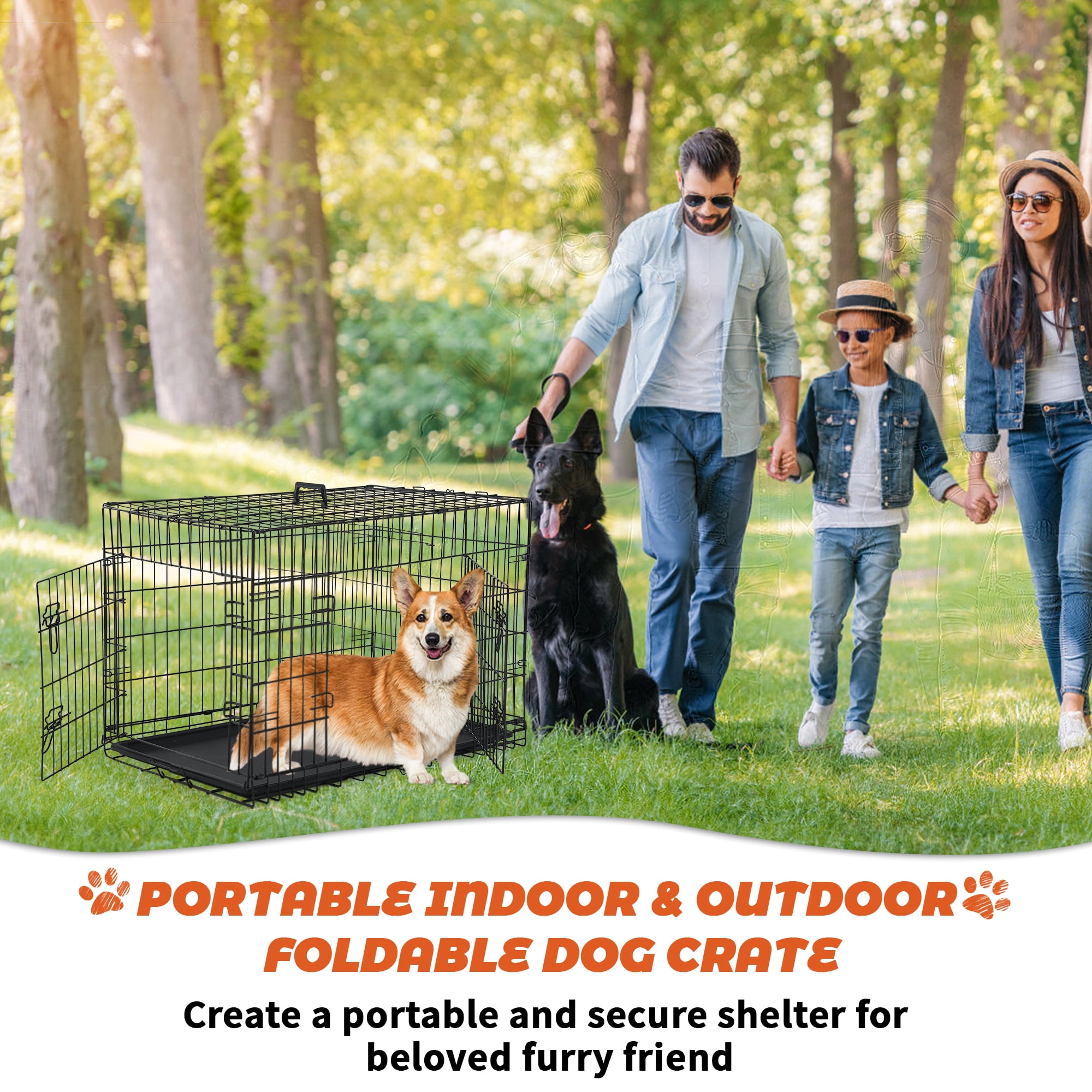 CL.HPAHKL 36 Inch Double-Door Dog Crates for Medium Small Dogs, Portable Folding Metal Dog Cage, Indoor and Outdoor Dog Kennels with Divider Panel, Leak-Proof Pan, Locks, Handle, Black