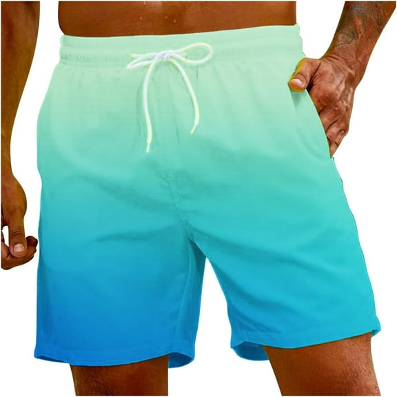 QQAMB Swimming Trunks for Men Drawstring Gradient Color Elastic Waist Bathing Suits Hawaiian Beach Shorts with Pockets Sky Blue L