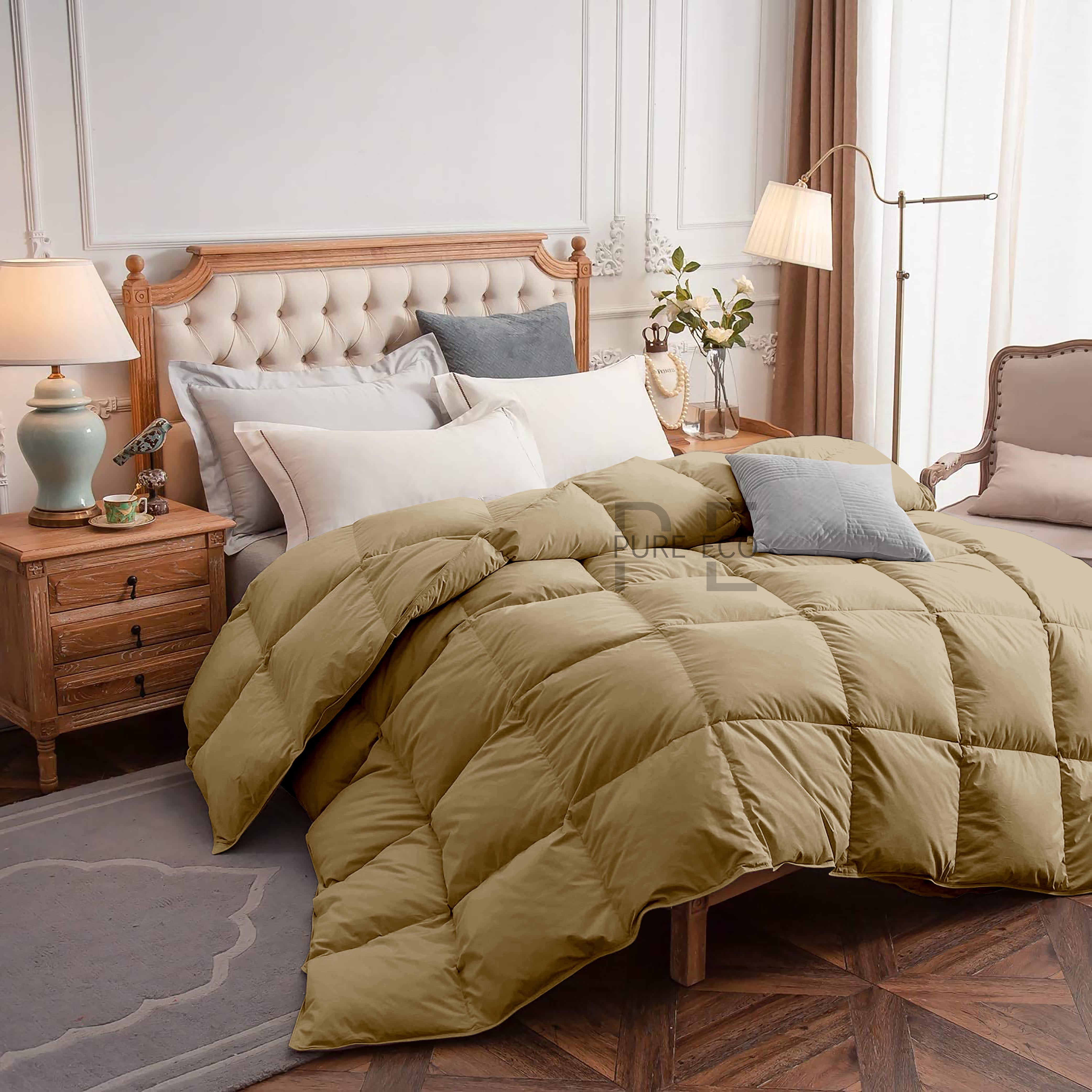 Pure Eco Bedding Comforter Full Size, Duvet Insert, Quilted Comforter with Corner Tabs, All Season Lightweight Quilt, Down Alternative Hotel Comforter Full Size 82X86 Beige