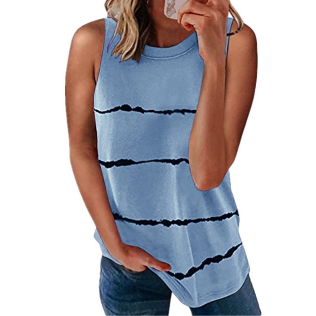 MRULIC T-Shirts pour Femmes Mode T-shirt Sans Manches Ample pour Femmes Col Rond Imprimé Rayé Hauts T-Shirts pour Femmes Bleu + TTG