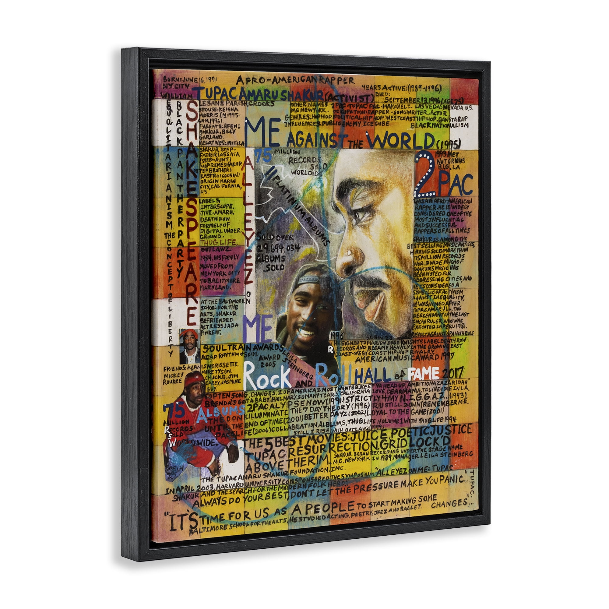 Stupell Industries Tupac Musician Collage People Drawing Black Floater Framed Canvas Art Print Wall Art, 25 x 31