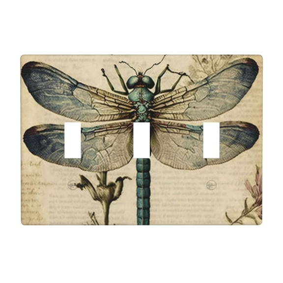 Vintage Dragonfly Art 3 Gang Light Switch Cover Decorative Triple Toggle Wall Plate for Kitchen Bedroom Bathroom Living Room Decor
