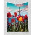 thumbnail image 1 of Amsterdam Tapestry, Idyllic Spring Morning Photo with Dutch Tulips Canal and Windmill in Netherlands, Wall Hanging for Bedroom Living Room Dorm Decor, 60W X 80L Inches, Multicolor, by Ambesonne, 1 of 2