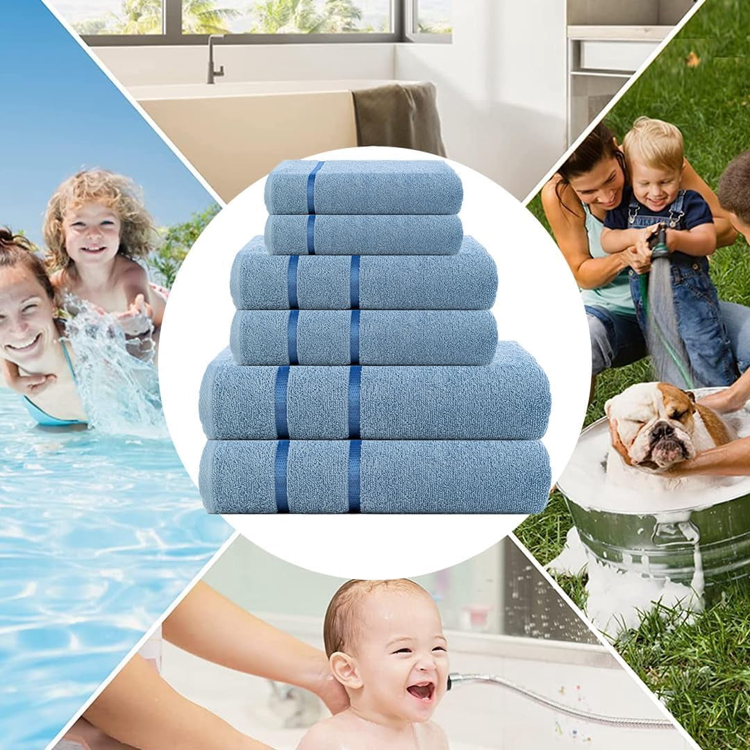 CASA COPENHAGEN Eternal 6 Pieces Towel Set- Dusty Blue, 500 GSM 2 Bath Towel 2 Hand Towel 2 Washcloth, Designed in Denmark Made of Soft Egyptian Cotton for Bathroom, Kitchen & Shower