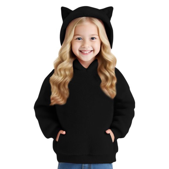 Grblisyd Sherpa Fleece Hoodie for Girls Cat Ears Fuzzy Warm Pullover Sweatshirt Kids Fashion Casual Loose Sweater with Pockets