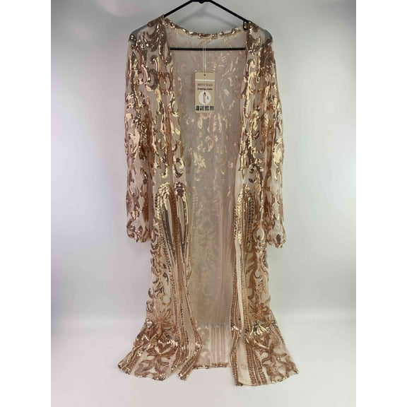 BHYCXAH Evening coats,Women Beige Totem Sequin Sparkly Long Sleeve Mesh Cardigan Cloak for Party Prom - L