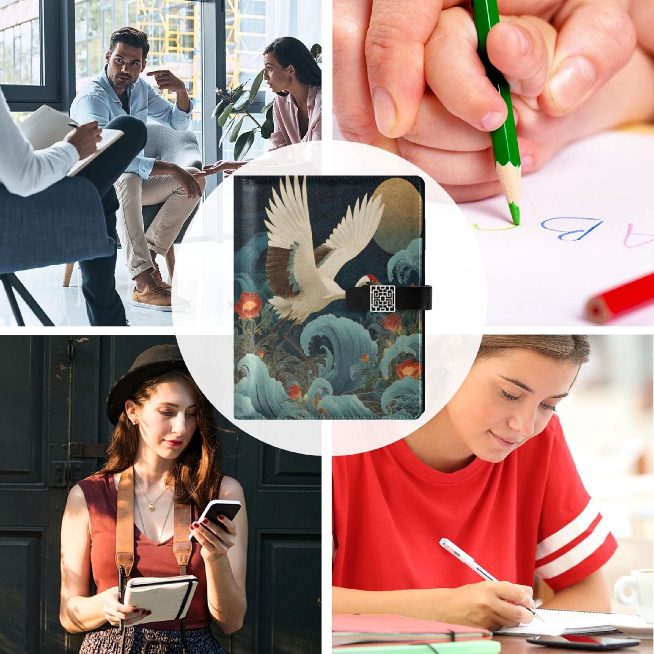 Leather Planner Leather Notebook Notebook Journal Binder Design Pen Pocket Design Convenient for Storage Crane Sea Waves