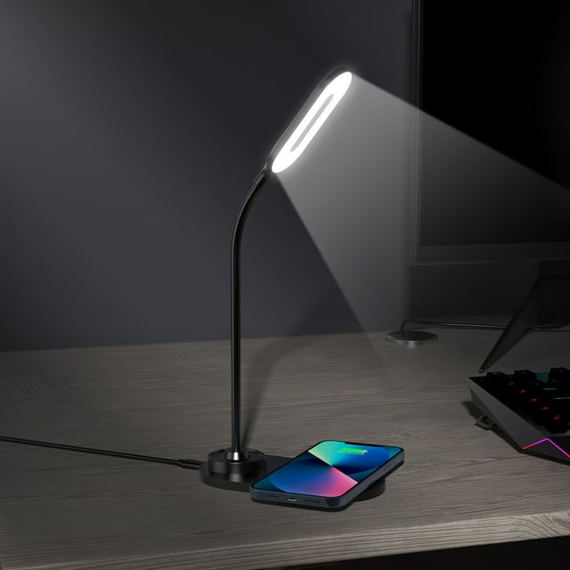 Lampe de Bureau à DEL à Commande Tactile Lampe de Bureau avec Recharge Sans Fil et 3 Modes de Couleur Lampe de Bureau Respectueuse des Yeux Lampe de Table à Col de Cygne