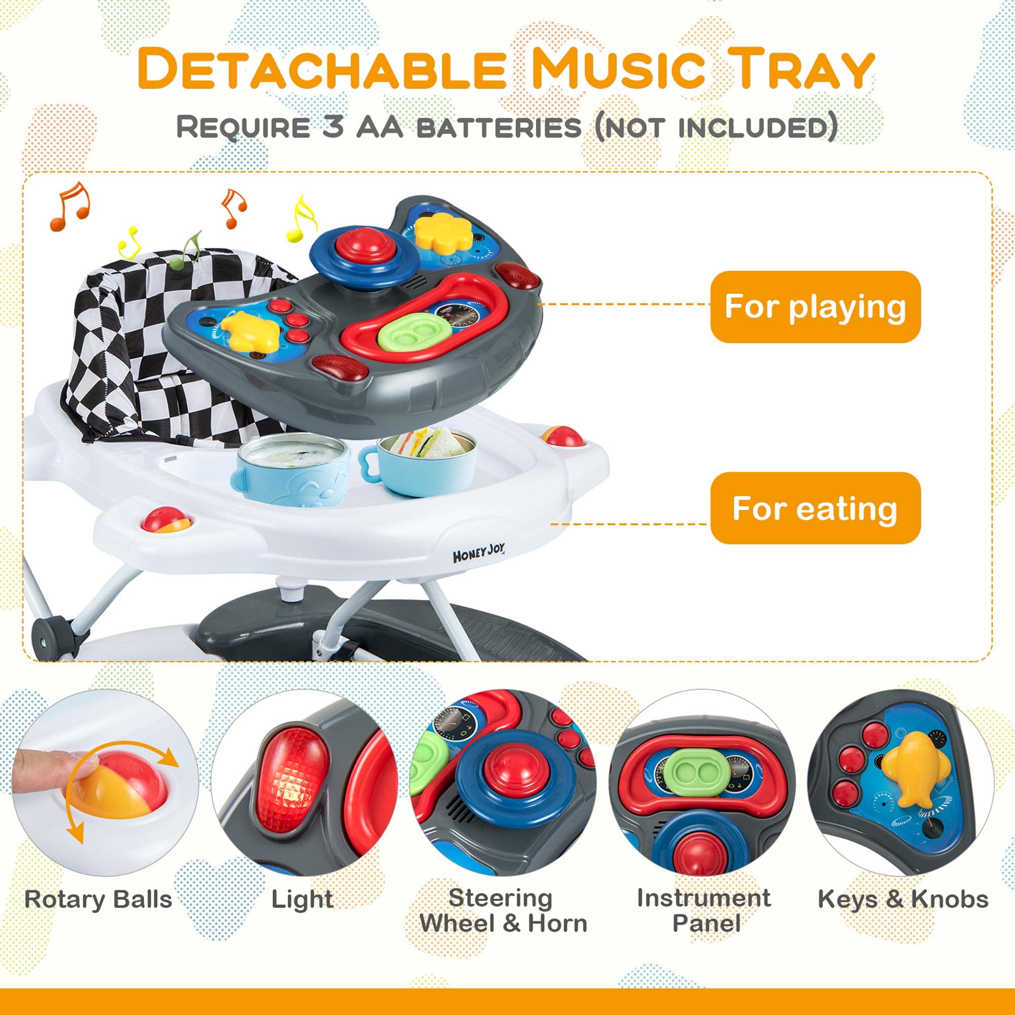 Costway 6 in 1 Baby Walker Adjustable Walker & Activity Center with Music 6-14 Months Gray