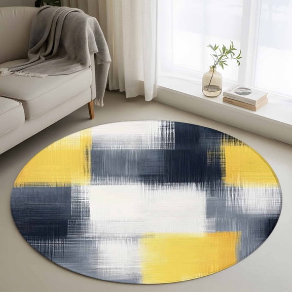 Yellow Gray Round Rug 3ft Washable Circle Entryway Rugs Non Slip Geometric Abstract Art Modern Area Rug Indoor Floor Carpet for Bedroom Kitchen Living Room Home Office Dining Room Nursery
