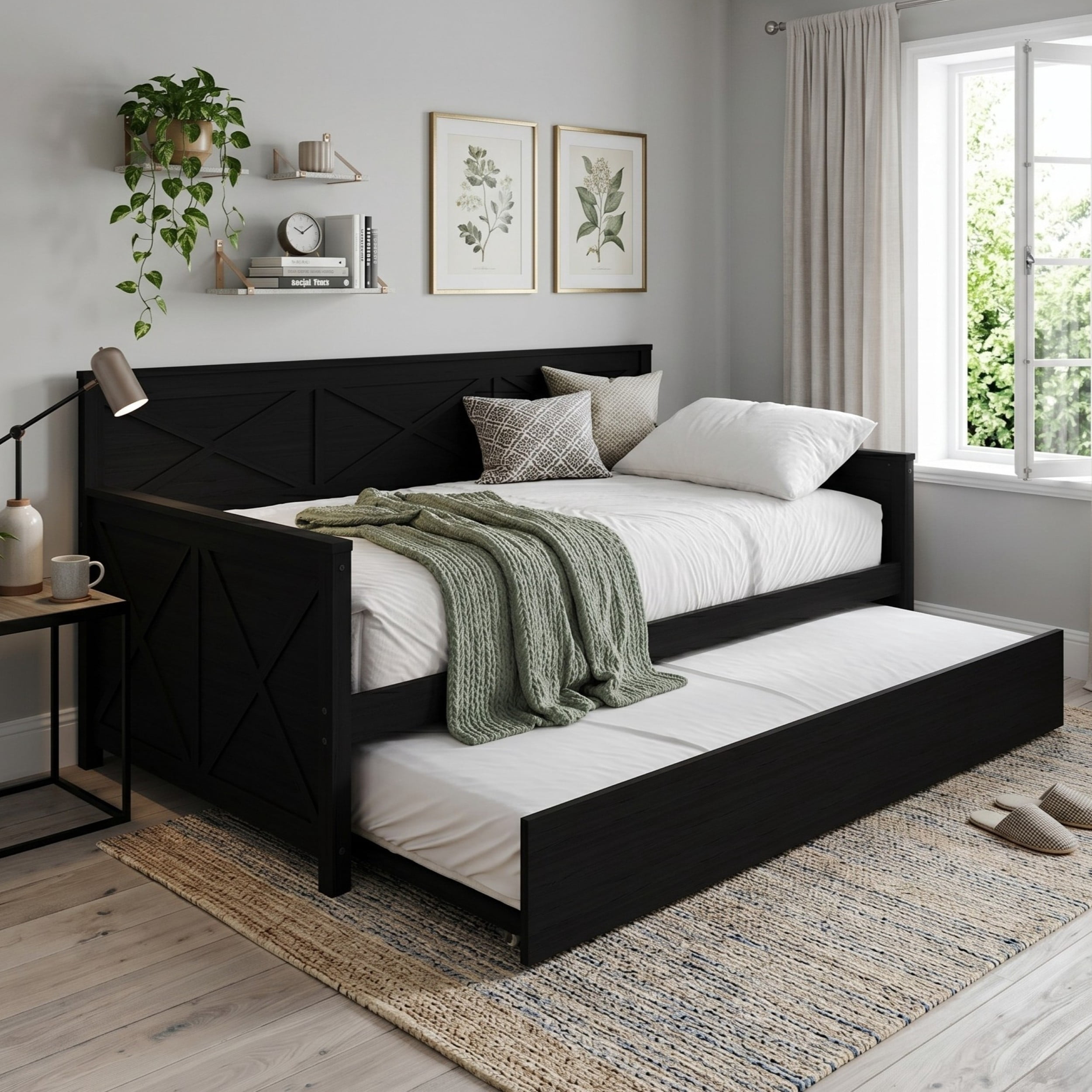 Home Design Minot Twin Solid Wood Daybed with Pull-out Trundle, Black