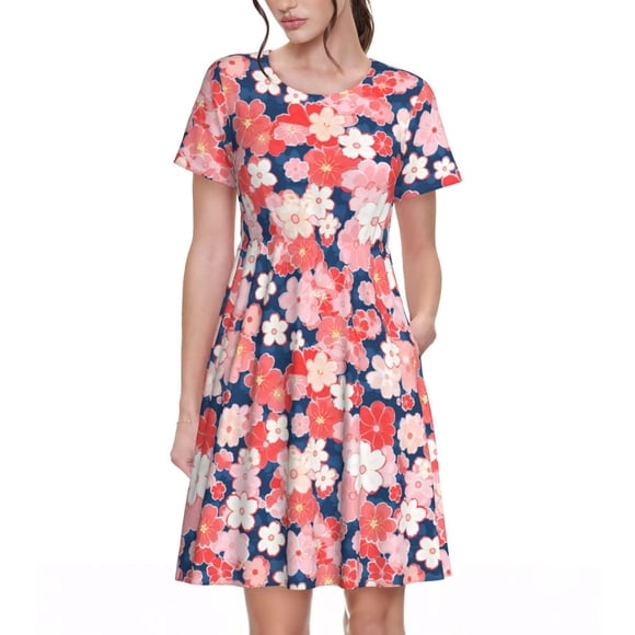Bixox Women's Short Sleeve Summer Dress Loose Swing Knee Length Dresses with Pockets-Japanese Cherry Blossoms