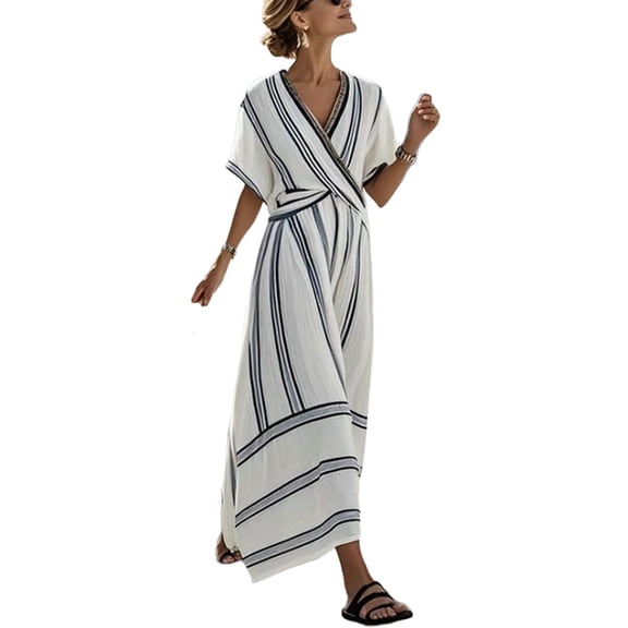 YUGYXL Women Striped Short Sleeve V Neck Midi Dress Retro Patchwork A-Line Casual Wrap Waist Dresses Beach Going Out Outfits Light Blue XL