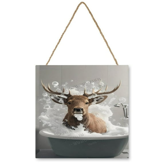 Funny Moose Bathroom Decor Wall Art, Moose in Bathtub Picture Bathroom Wall Decor, Humor Animals Bathroom Artwork Prints for Bathroom, Restroom, Guest Bathroom 12"x12" Wooden Hanging Signs