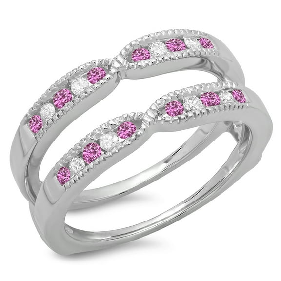 Dazzlingrock Collection 14K Round Pink Sapphire & White Diamond Ladies Millgrain Wedding Band Guard Ring, White Gold, Size 6.5