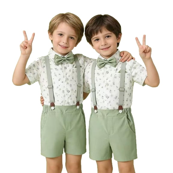 ANINEO Toddler Boys Short Sleeve Floral T Shirt Tops Suspenders Shorts Child Kids Gentleman Outfit Sets Classic Toddler Clothes Sets