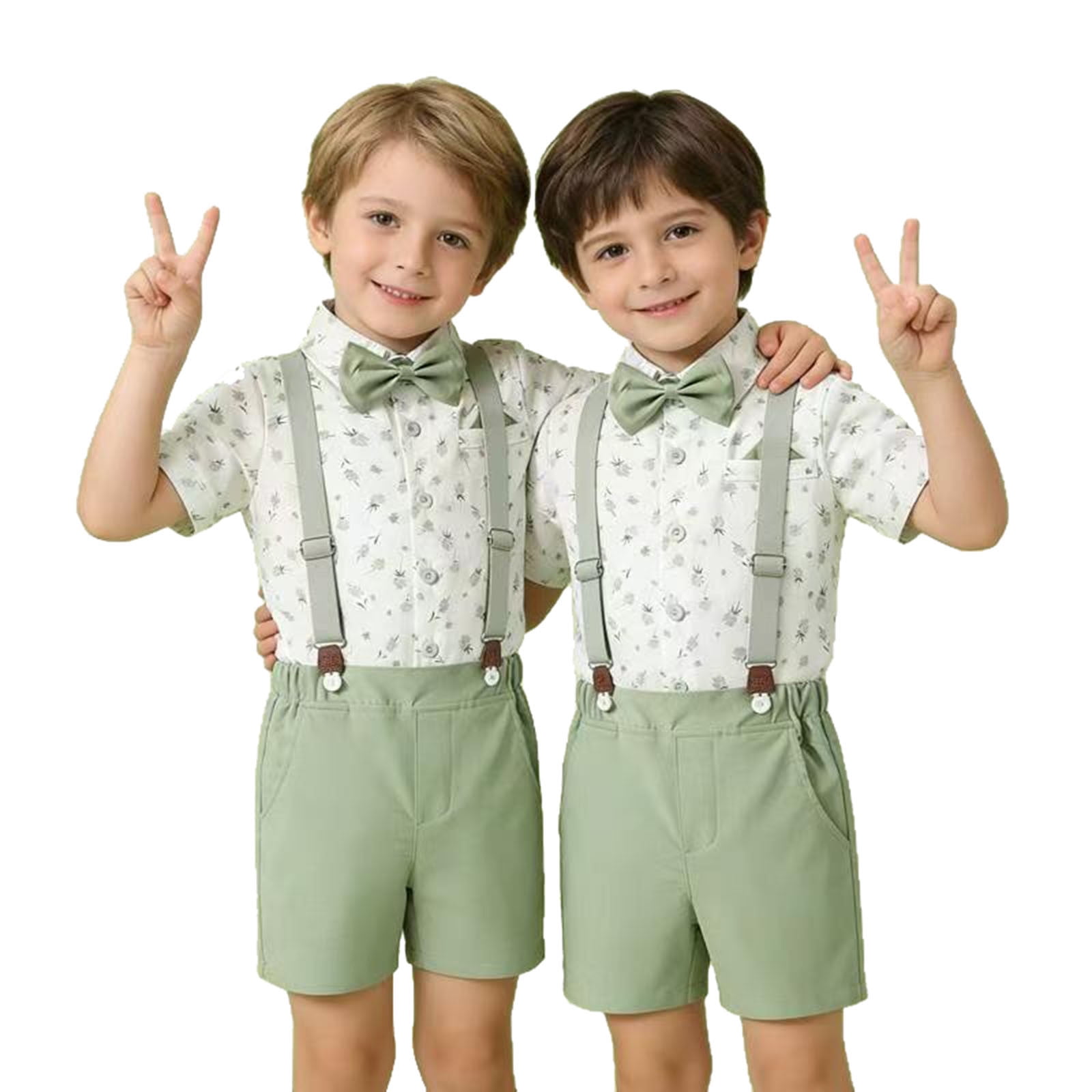 FINALGANG Boys Two Piece Formal Outfit Set Floral Print Button Down Short Sleeve Shirt Solid Color Suspender Shorts For Party Daily Wear Classic Outfit