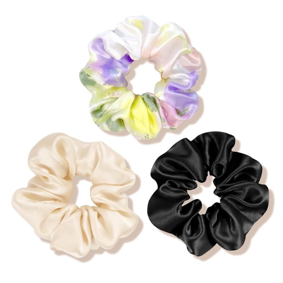 100% Mulberry Silk-Scrunchies for Hair Sleep, Women Grils Silk Hair Ties for Frizz & Breakage Curly Hair, No Damage, Elastics Ponytail Holder, 3 Pack