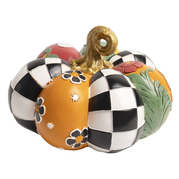 Black and White Checkered Pumpkin for Decorating, 8 in Resin Fall Thanksgiving Decorative Pumpkin Statue Table Top Decoration for Home, Harvest Figurine Autumn Indoor Shelf Mantel Desk Decor